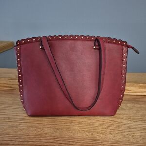 PURSE, burgundy red, 10x13, scalloped edge with gold-tone brad finish, roomy.